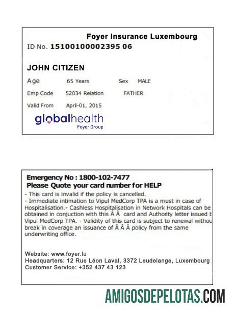 Cartão de Seguro de Saúde do Luxemburgo exemplo real